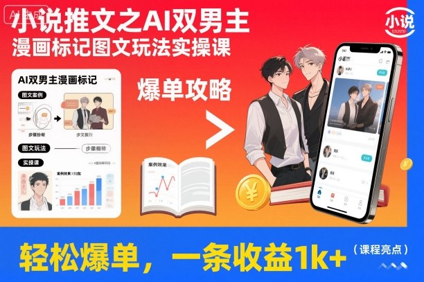 小说推文之AI双男主漫画标记图文玩法实操课,轻松爆单,一条收益1k+-小白网创