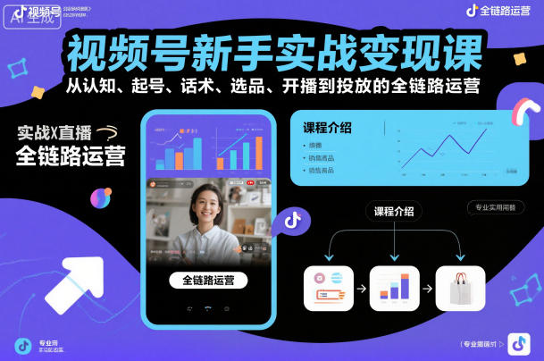 视频号新手实战变现课,从认知、起号、话术、选品、开播到投放的全链路运营-小白网创