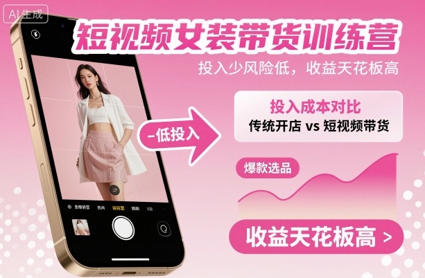 短视频女装带货训练营，投入少风险低，收益天花板高-小白网创