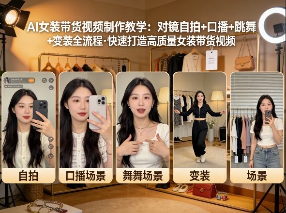 AI女装带货视频制作教学，对镜自拍、口播、跳舞、变装全流程，快速打造高质量女装带货视频-小白网创