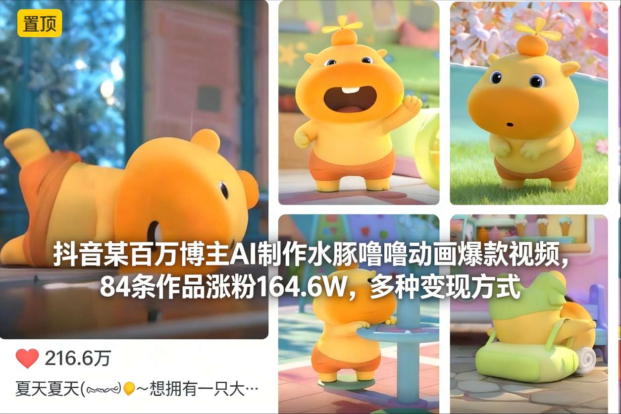 抖音某百万博主AI制作水豚噜噜动画爆款视频，84条作品涨粉164.6W，多种变现方式-小白网创