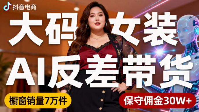 抖音小众赛道,大码女装AI反差带货,不用直播,每天6条作品,橱窗卖7万件,保守佣金30W+-小白网创