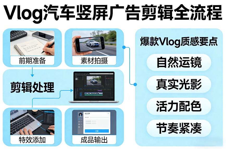 Vlog感觉汽车竖屏广告剪辑脚本全流程，拿捏爆款Vlog质感-小白网创