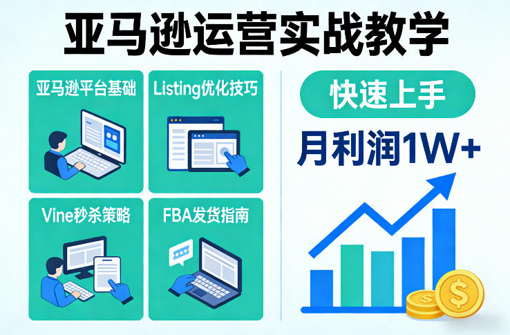 亚马逊运营实战教学，亚马逊平台+Listing优化+Vine秒杀+FBA发货等，快速上手，实现店铺月利润1W-小白网创