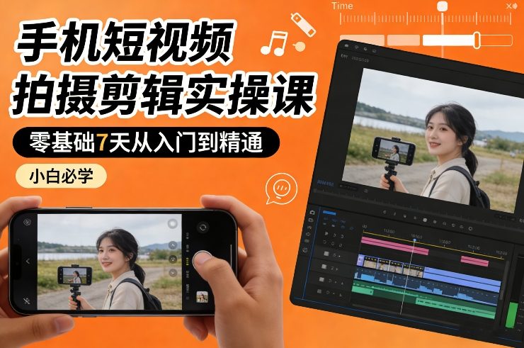 手机短视频拍摄剪辑实操课，零基础7天从入门到精通，小白必学-小白网创