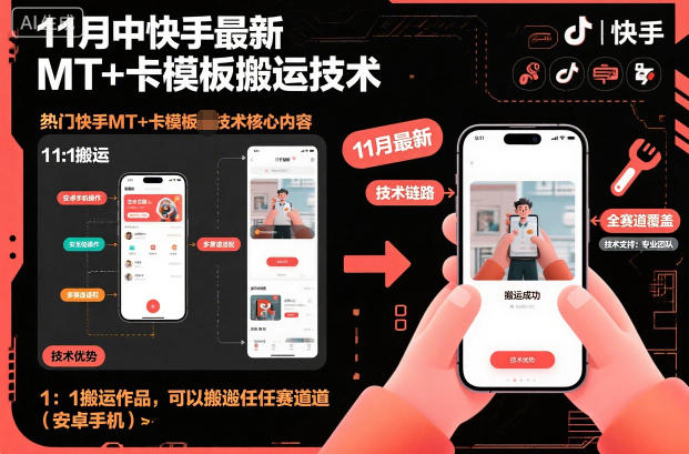 11月中快手最新MT+卡模板搬运技术,1:1搬运作品,可以搬运任何赛道(安卓手机)-小白网创