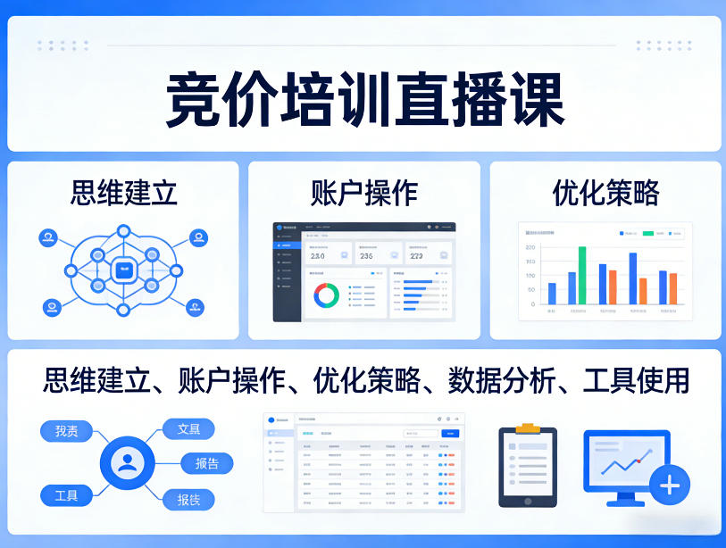 竞价培训直播课，覆盖思维建立、账户操作、优化策略、数据分析、工具使用等，全方位提升效果-小白网创