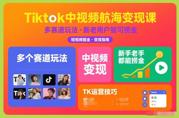 Tiktok中视频航海变现课，多个赛道玩法，新手老手都能在TK中视频捞金-小白网创