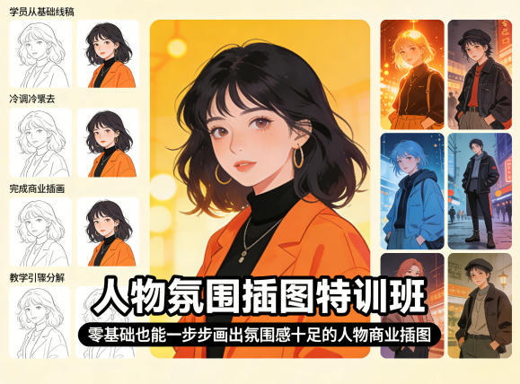 人物氛围插图特训班，零基础也能一步步画出氛围感十足的人物商业插图-小白网创