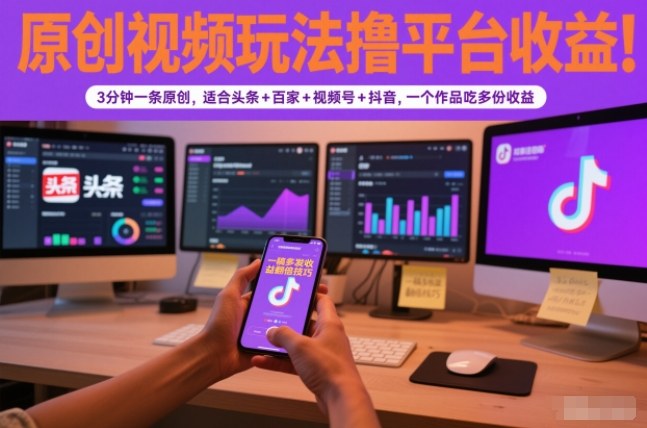 原创视频玩法撸平台收益，3分钟一条原创，适合头条+百家+视频号+抖音，一个作品吃多份收益-小白网创