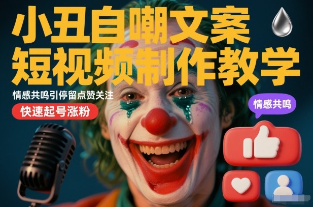 小丑自嘲文案短视频制作教学，情感共鸣引停留点赞关注，快速起号涨粉-小白网创