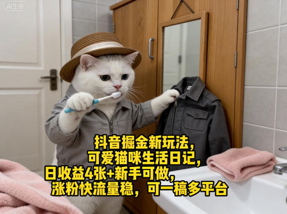 抖音掘金新玩法，可爱猫咪生活日记，日收益4张+新手可做，涨粉快流量稳，可一稿多平台-小白网创