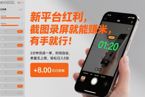 新平台红利，截图录屏就能賺米，有手就行！2分钟完成一单，时间自由，单量无上限，轻松日入5张【揭秘】-小白网创