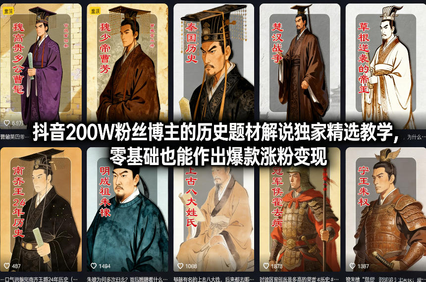 抖音200W粉丝博主的历史题材解说独家精选教学，零基础也能作出爆款涨粉变现-小白网创