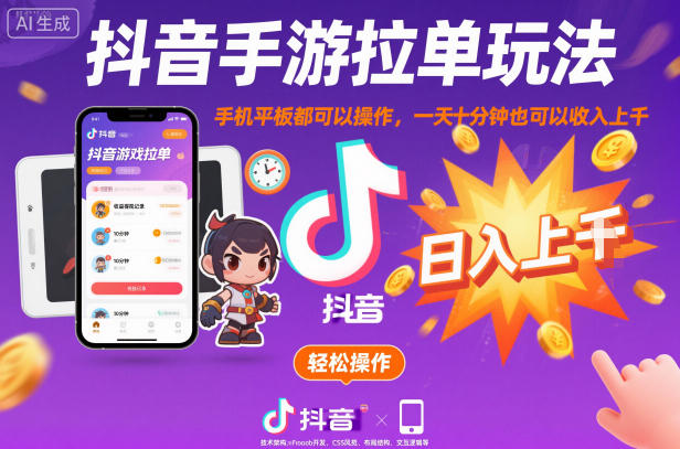 抖音手游拉单玩法，手机平板都可以操作，一天十分钟也可以收入上K【揭秘】-小白网创