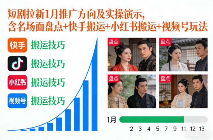 短剧拉新1月推广方向及实操演示，含名场面盘点+快手搬运+小红书搬运+视频号玩法-小白网创