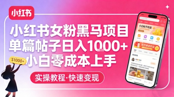 小红书女粉黑马项目，单篇帖子日入1k+，小白零成本上手-小白网创