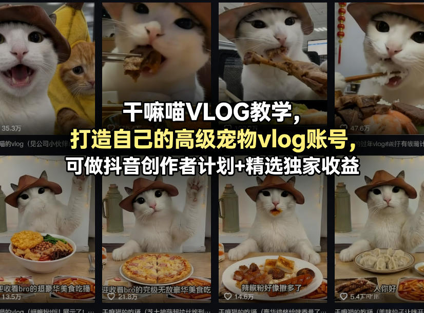 干嘛喵VLOG教学，打造自己的高级宠物vlog账号，可做抖音创作者计划+精选独家收益-小白网创