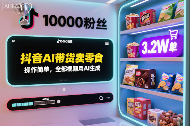 抖音AI带货卖零食，操作简单，全部视频用AI生成，一万粉丝，卖了3.2W单-小白网创