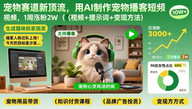 宠物赛道新顶流，用AI制作宠物播客短视频，1周涨粉2W（视频+提示词+变现方法）-小白网创