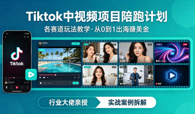 某大佬的Tiktok中视频项目陪跑，涵盖TK各个赛道玩法教学，从0到1出海賺美金-小白网创