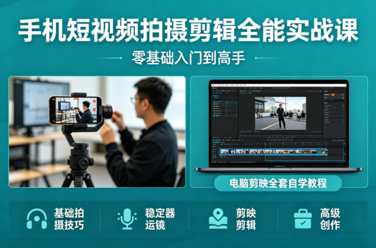 手机短视频拍摄剪辑全能实战课：零基础入门到高手，稳定器运镜+电脑剪映全套自学教程-小白网创