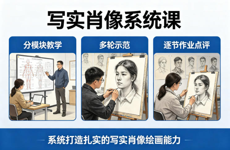 写实肖像系统课，全程分模块教学+多轮示范+逐节作业点评，系统打造扎实的写实肖像绘画能力-小白网创