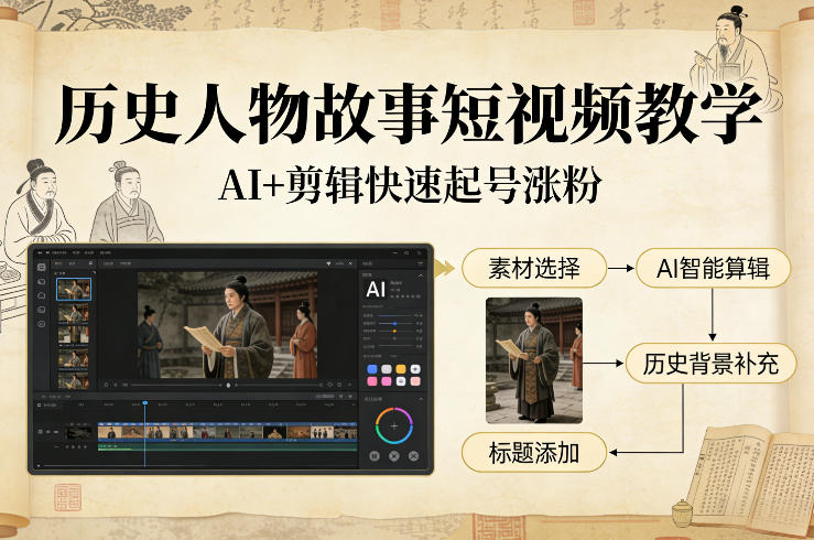 历史人物故事短视频教学，AI+剪辑制作历史人物题材短视频，快速起号涨粉-小白网创
