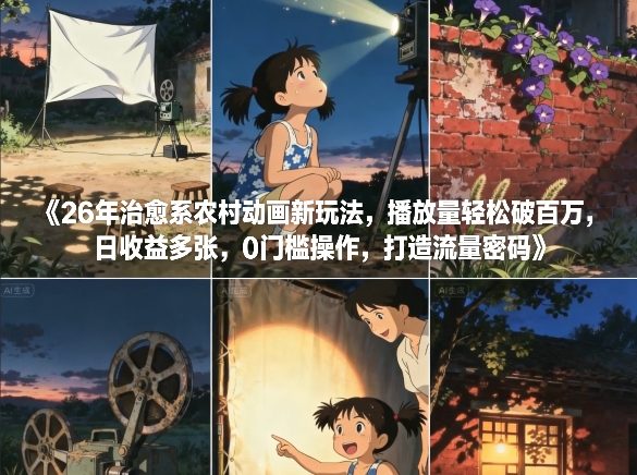 26年治愈系农村动画新玩法，播放量轻松破百万，日收益多张，0门槛操作，打造流量密码-小白网创