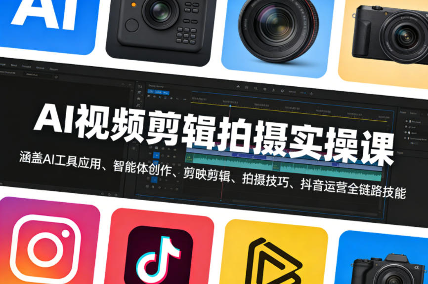 AI视频剪辑拍摄实操课，涵盖AI工具应用、智能体创作、剪映剪辑、拍摄技巧、抖音运营等全链路技能-小白网创