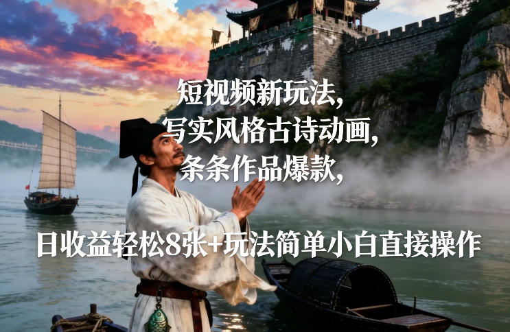 短视频新玩法，写实风格古诗动画，条条作品爆款，日收益轻松8张+玩法简单小白直接操作-小白网创