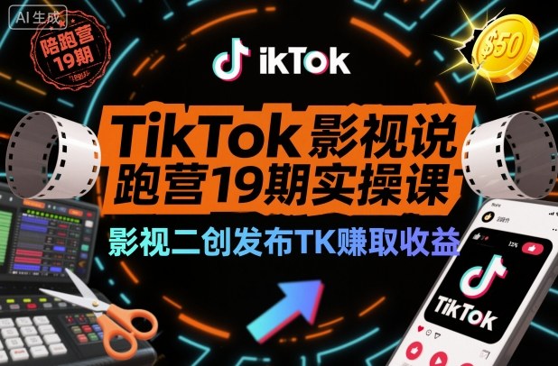 TikTok影视解说陪跑营19期实操课，影视二创发布TK賺取收益，万播收益50美金（更新）-小白网创