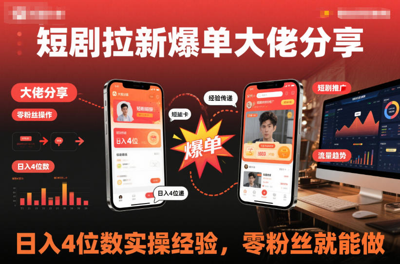 短剧拉新爆单大佬分享日入4位数实操经验,零粉丝就能做-小白网创