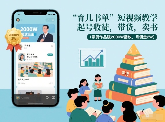 育儿书单短视频教学，起号收徒，带货，卖书（带货作品破2000W播放，月佣金2W）-小白网创