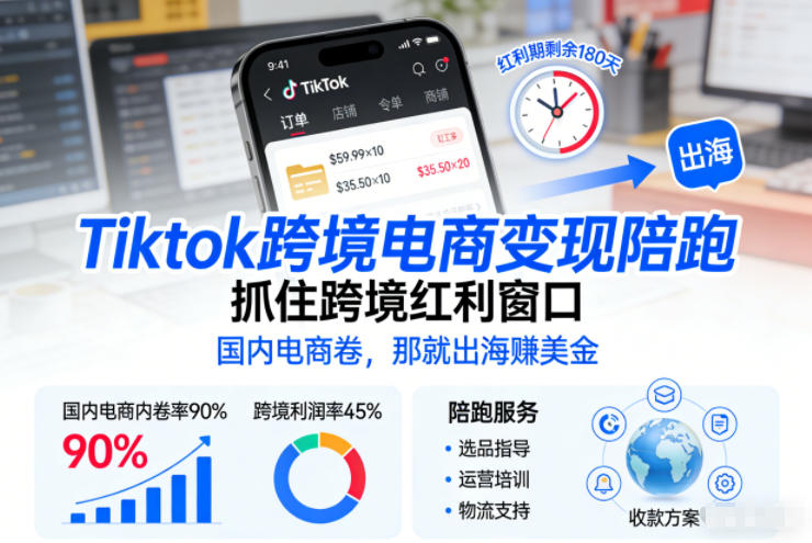 Tiktok跨境电商变现陪跑,抓住跨境红利窗口,国内电商卷,那就出海賺美金-小白网创