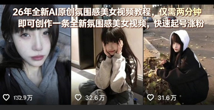 26年全新AI原创氛围感美女视频教程，仅需两分钟即可创作一条全新氛围感美女视频，快速起号涨粉-小白网创